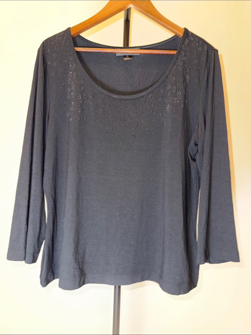 St. John Black Scoop Neck Long Sleeve Top with Subtle Embellishment | Size XL